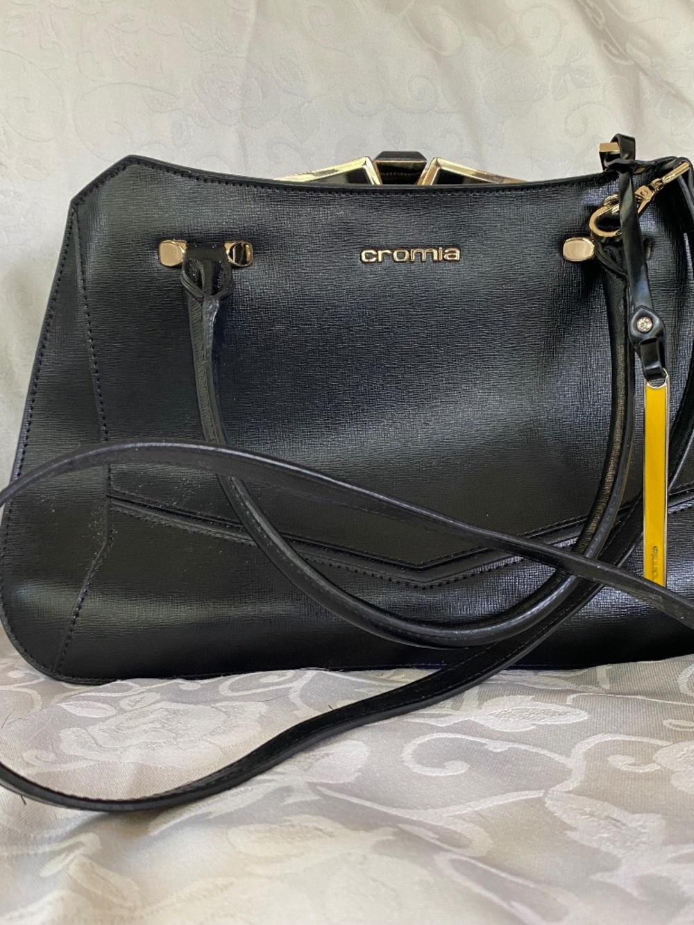 CROMIA Italian Leather Black Satchel Tote Handbag Adjustable Shoulder Strap